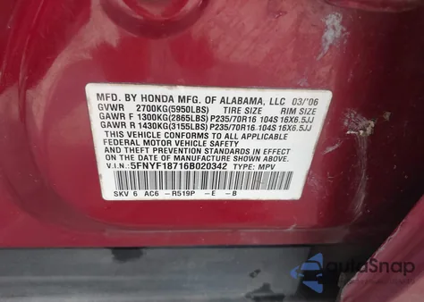 2006 Honda Pilot Ex-L from USA, damaged, VIN 5FNYF18716B020342